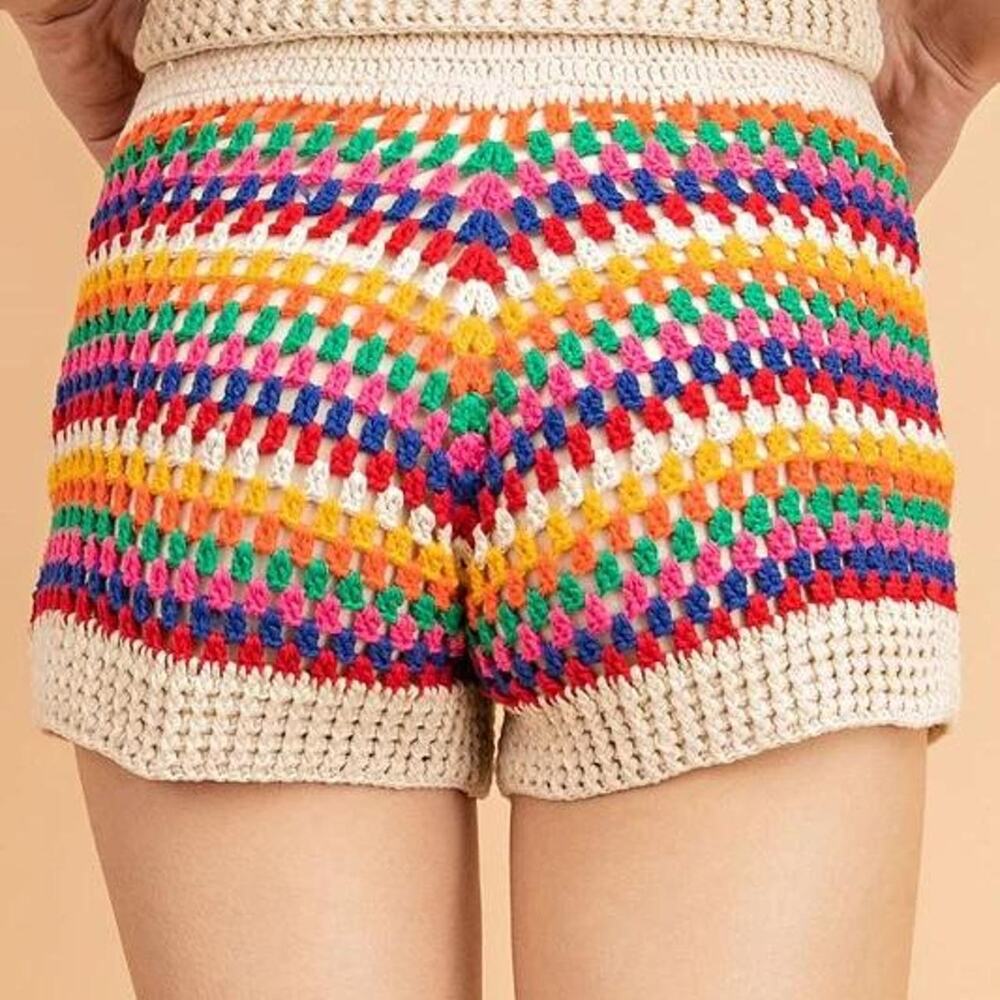 Le Lis Rainbow Striped Crochet Shorts
